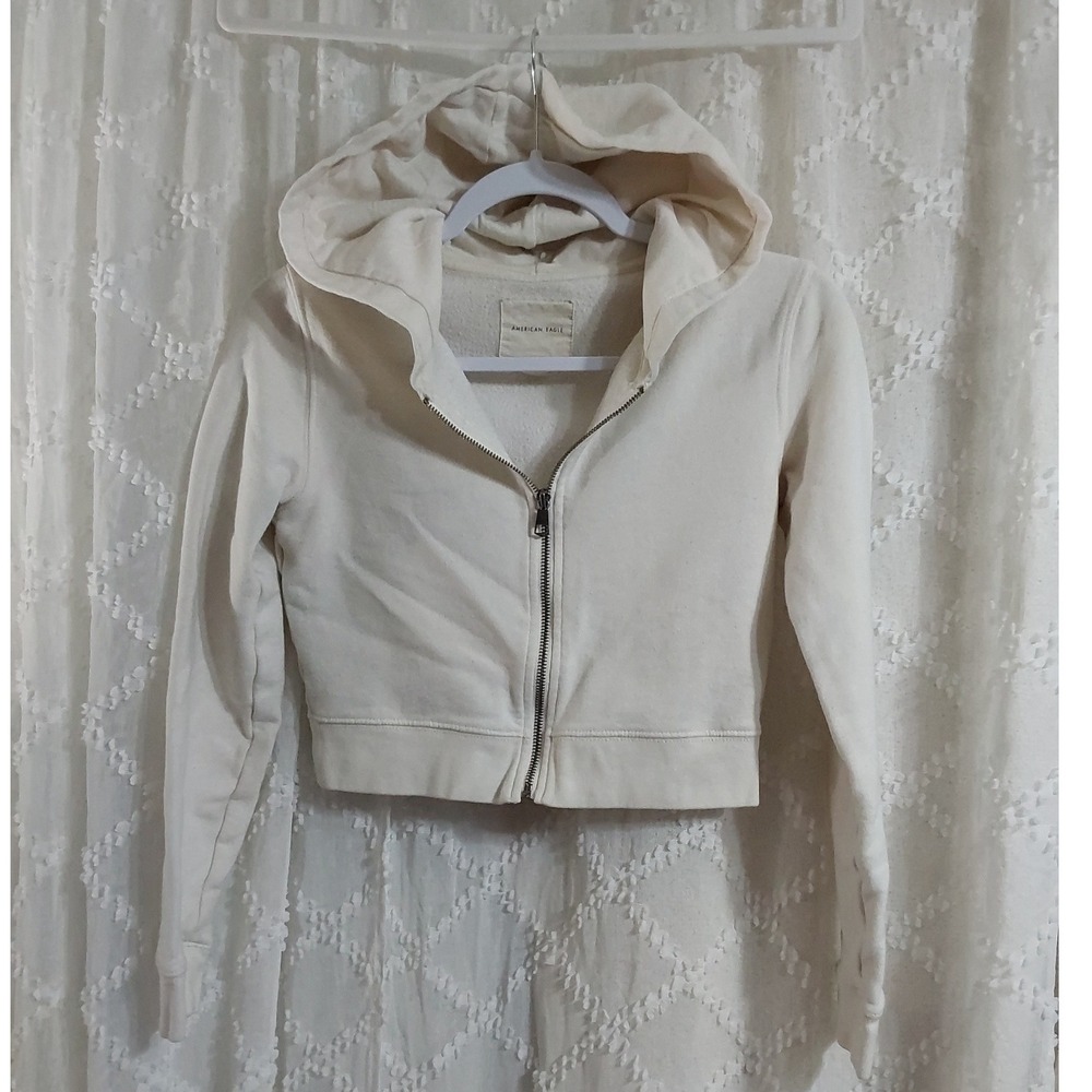 American Eagle Womens Small Cream Cropped Full Zip Fleece Hoodie Sweatshirt